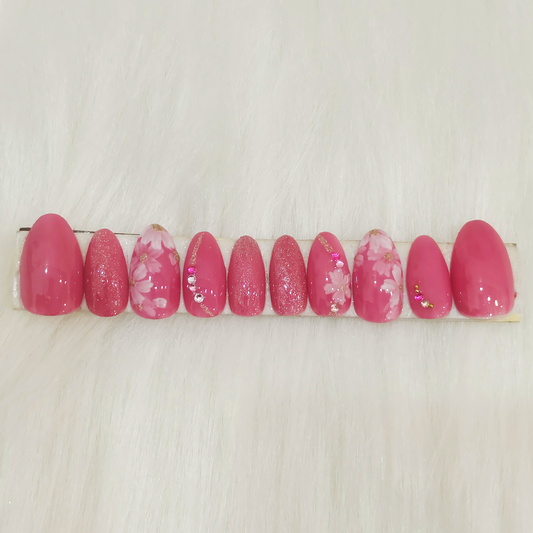 Pink Floral Embellished Nails