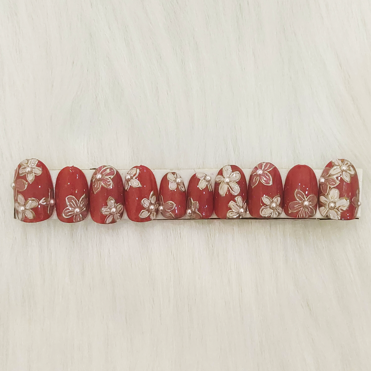 Nude Floral Pearl Embellished Nails