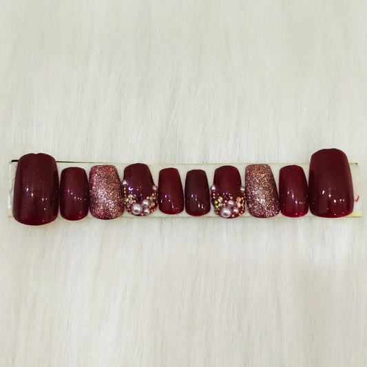Wine & Glitter Embellished Nails