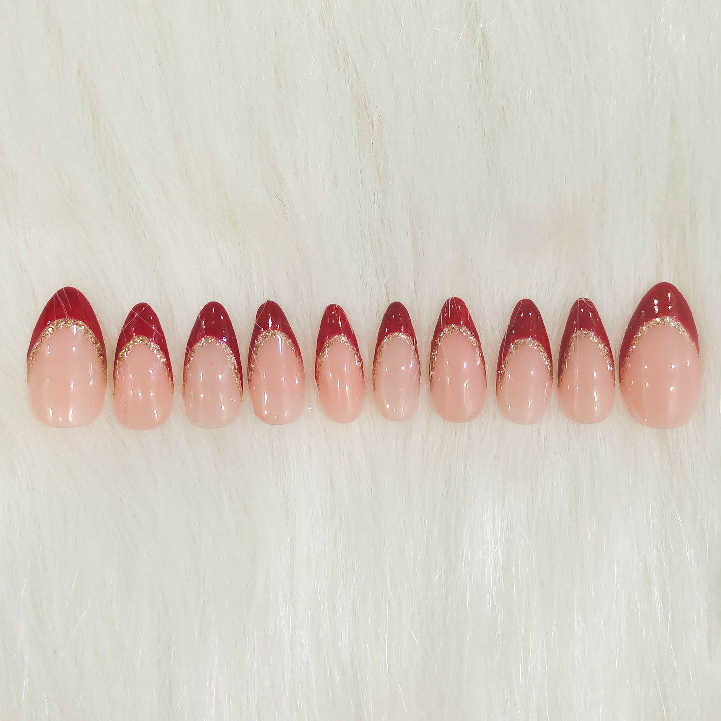 Maroon French nails with Glitter details