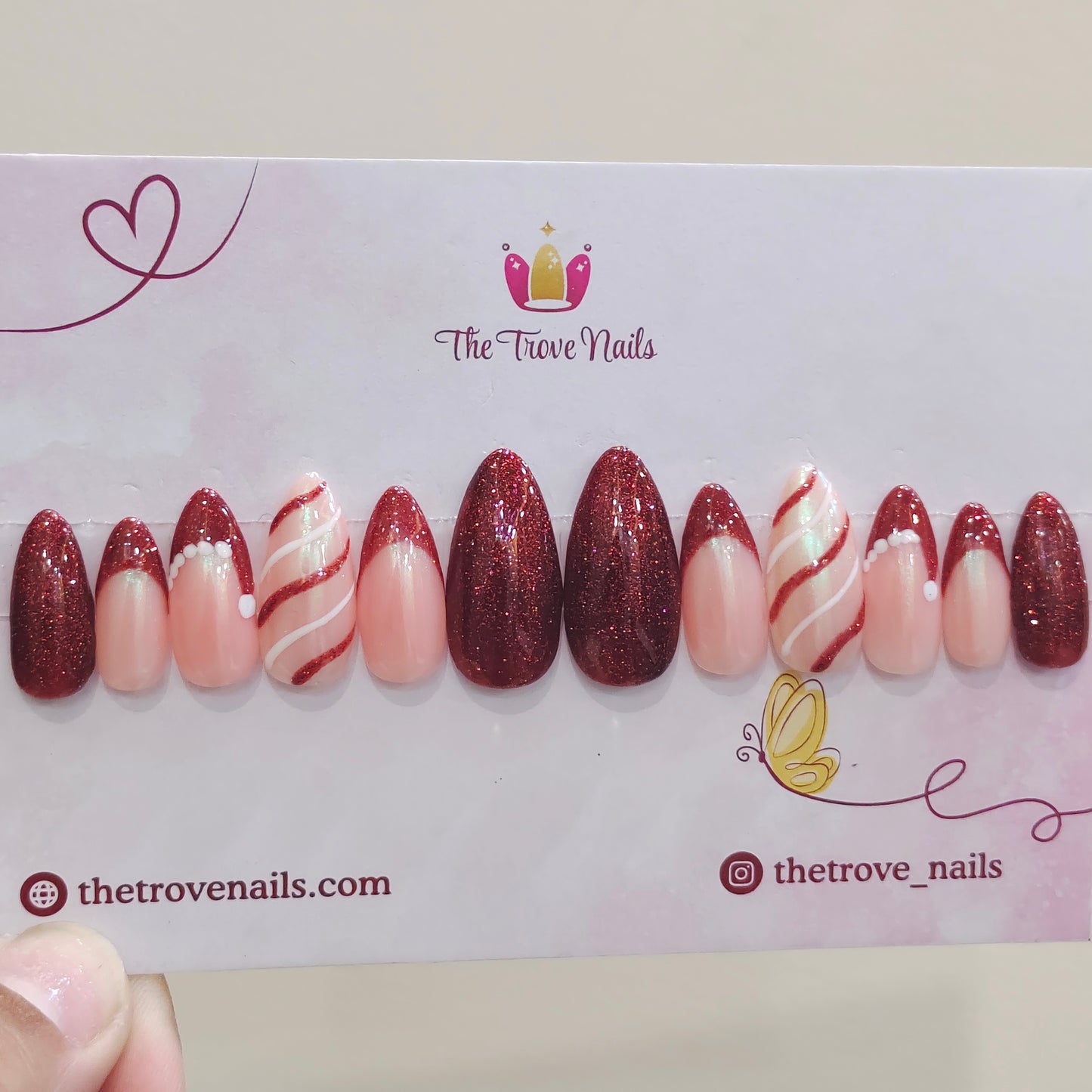 Maroon Glitter Santa Hat Nails