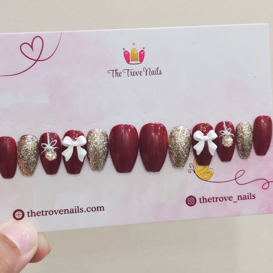 Maroon Christmas Bow Nails