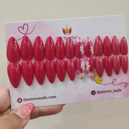 Magenta Floral Glitter Nails