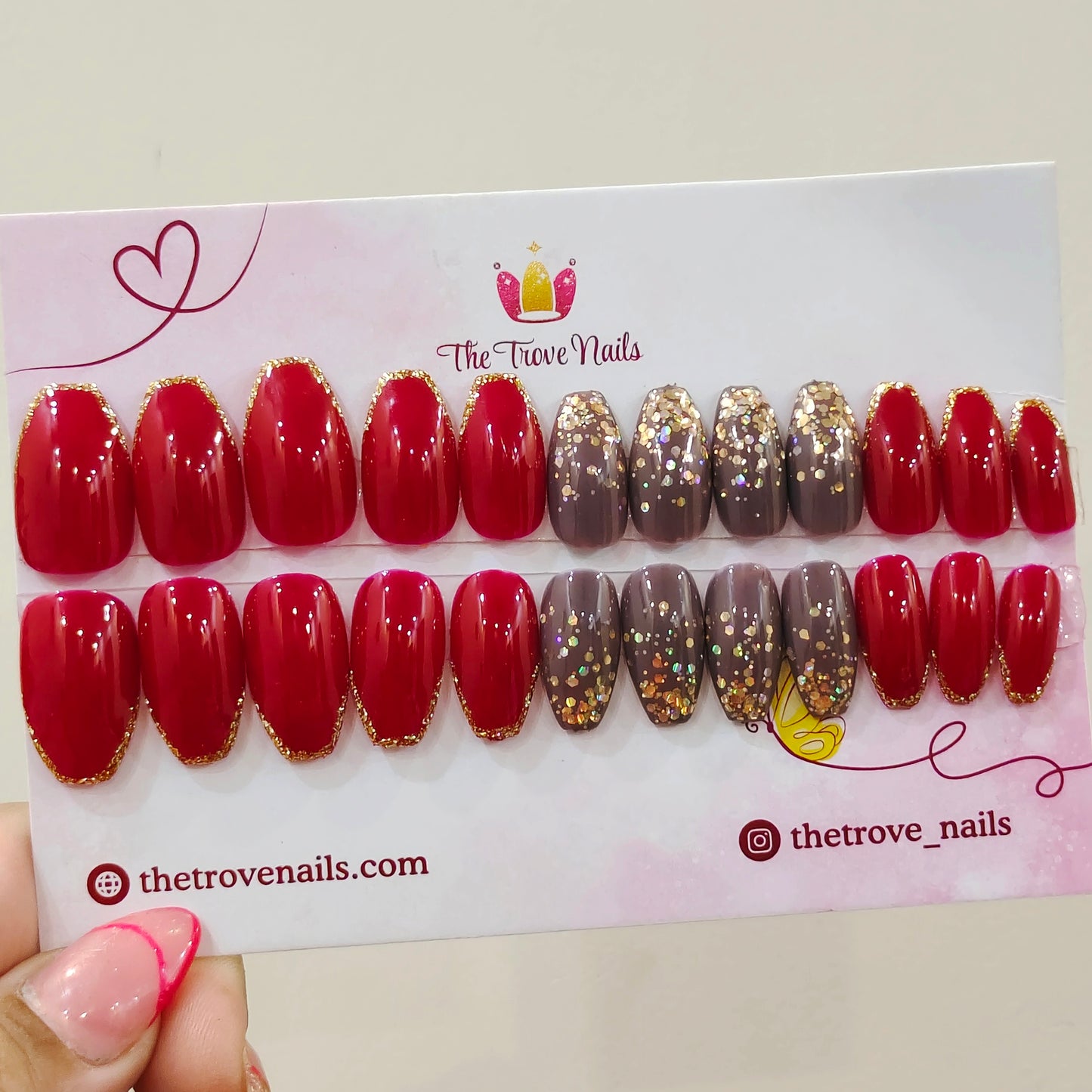 Maroon Falling Glitter French Nails