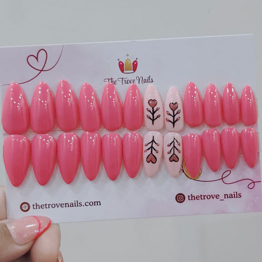 Pink Heart Flower Nails