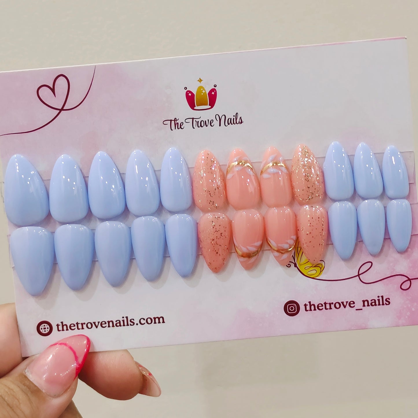 Blue Floral Glitter Nails with Chrome Detail