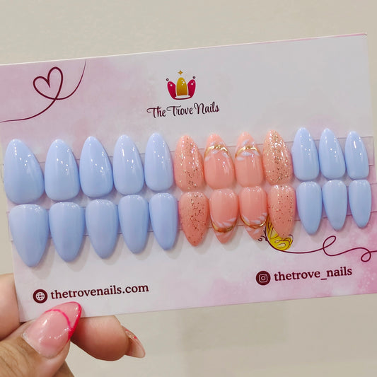 Blue Floral Glitter Nails with Chrome Detail