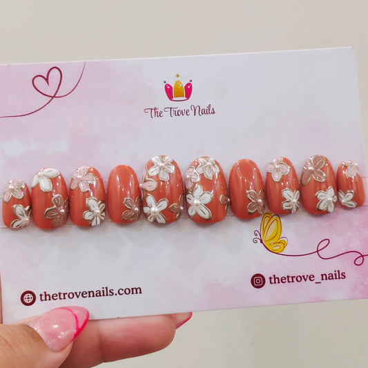 Nude Floral Pearl Embellished Nails