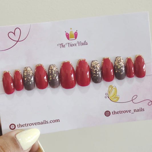 Maroon Falling Glitter French Nails