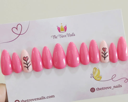 Pink Heart Flower Nails