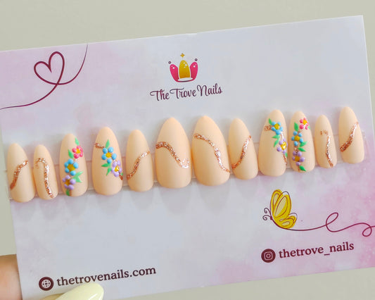 Peach Floral Wave Nails