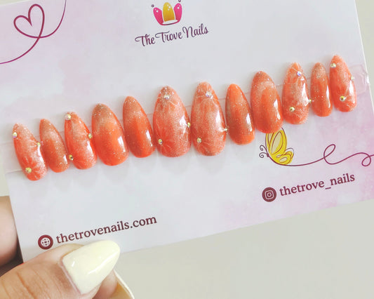 Orange Floral Cat eye Nails