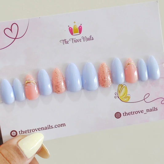 Blue Floral Glitter Nails with Chrome Detail