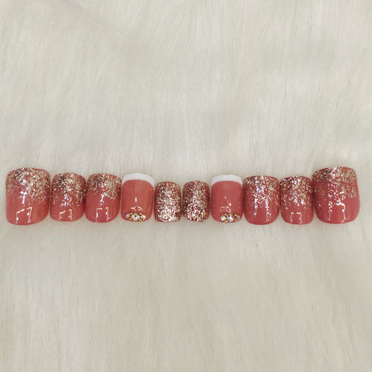 Embellished Golden Glitter French Nails