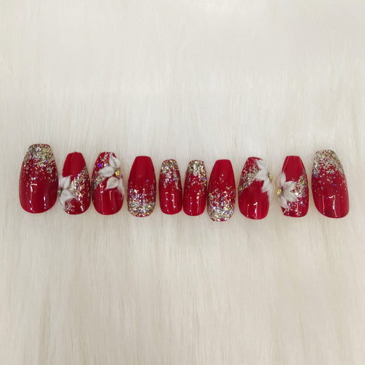 Maroon 3D Floral Glitter Bridal Nails