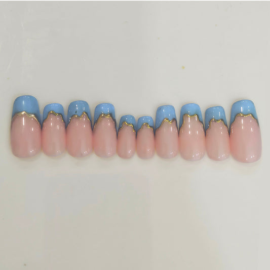 Blue Golden Chrome Wave French Nails