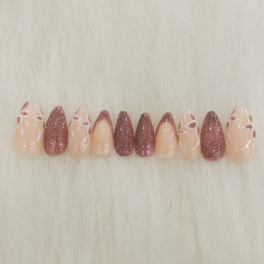 Pink Floral Glitter French Nails