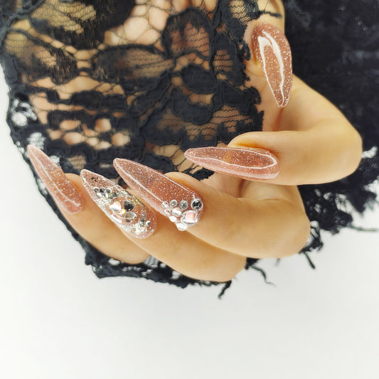 Nude Glitter Nails with Embellishments