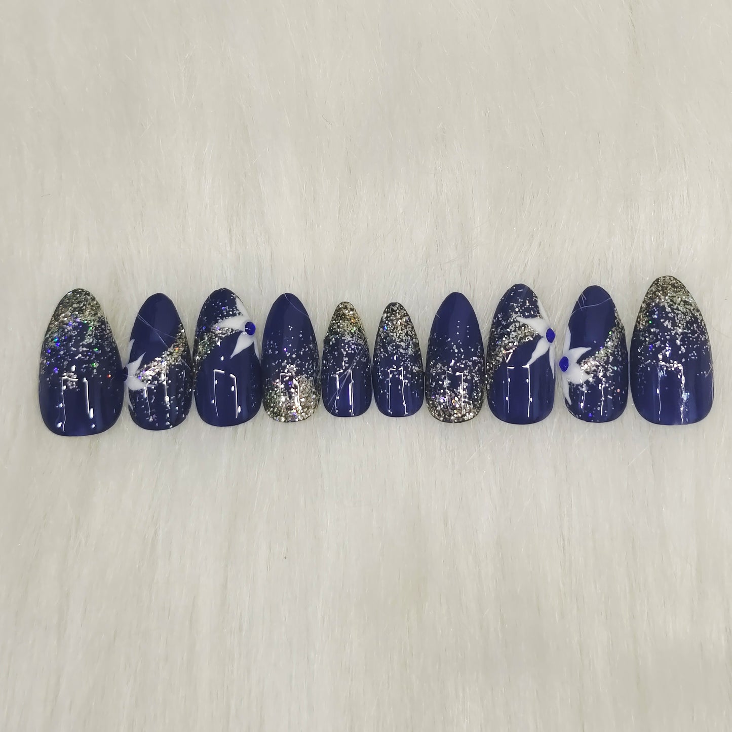 Blue Floral Glitter Nails