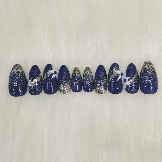 Blue Floral Glitter Nails