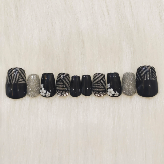 Black and Silver Abstract Party Nails