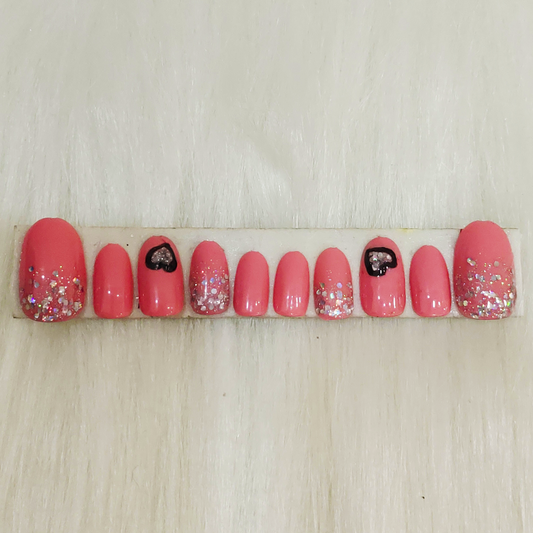 Pink Heart Falling Glitter Nails