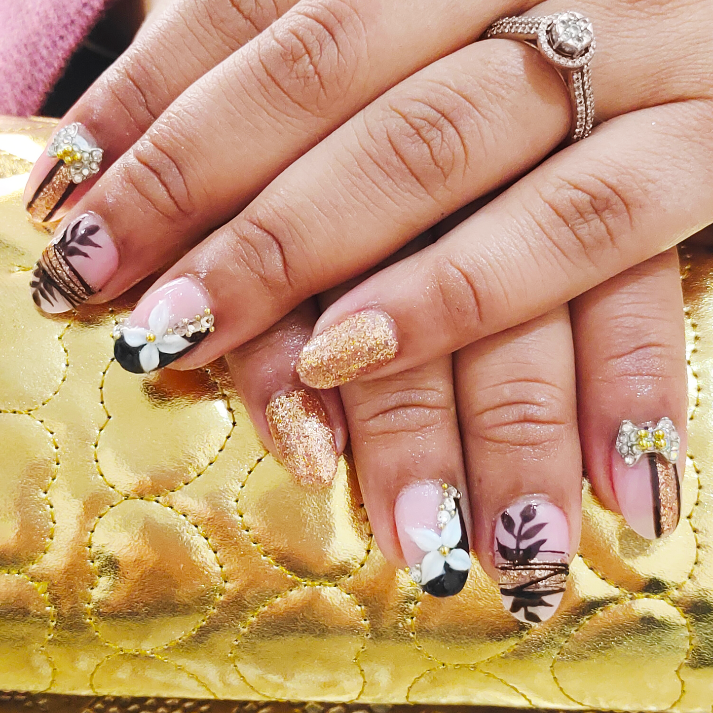 Black and Gold Embellished Nails