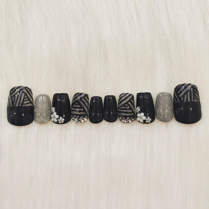 Black and Silver Abstract Party Nails