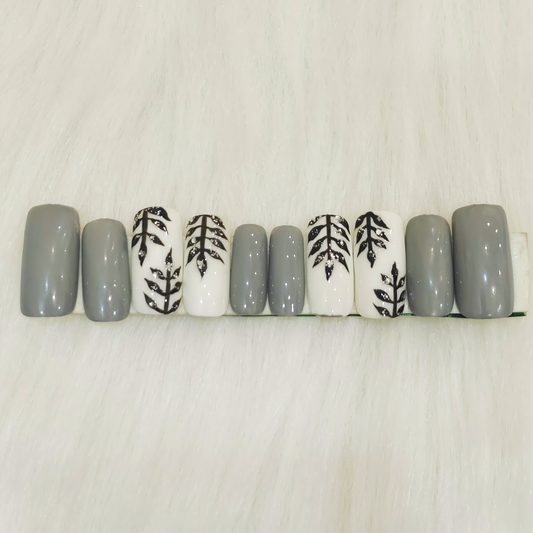 Grey Leafy Nails